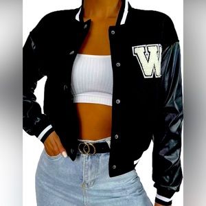 NEW:Womens Casual Bomber Varsity Jacket. Black, Faux Leather.Size LG (YQ01854)